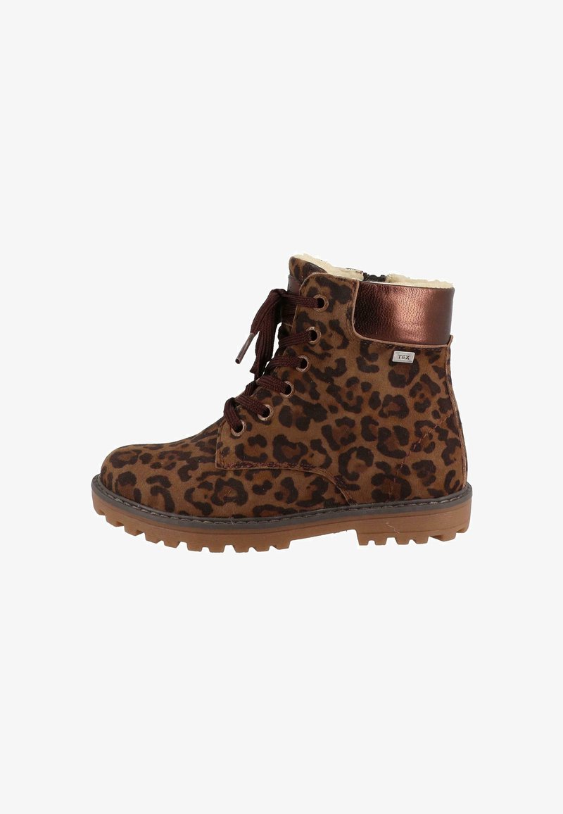 Brown leopard print ankle boots with a soft lining, bronze accents, and a rugged sole featuring deep tread for traction.