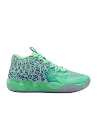 Scarpa sportiva verde menta con tomaia in mesh con stampa leopardata viola, suola in gomma testurizzata e design elegante a profilo basso.