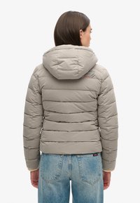 Doudoune gris clair avec un matelassage horizontal, une capuche et un détail de logo à l'arrière. Associée à un jean en denim bleu clair.