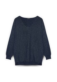Maglione blu navy con vestibilità ampia, scollo a V e maniche lunghe. Il tessuto presenta una lucentezza sottile che ne esalta la texture.