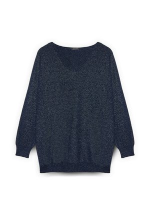 Maglione blu navy con vestibilità ampia, scollo a V e maniche lunghe. Il tessuto presenta una lucentezza sottile che ne esalta la texture.