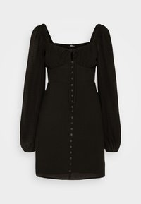 Svart klänning med fyrkantig halsringning, puffade långa ärmar och knäppning framtill. Tillverkad av textil med struktur och en figurnära silhuett.