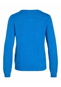 Suéter azul de manga larga con puños, dobladillo y cuello acanalados, mostrado desde atrás sobre un fondo blanco.