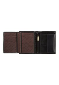 Black leather wallet with multiple compartments, including card slots, a zipper pocket, and a brown lined interior featuring a repeating logo pattern.