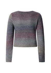 Grauer Strickpullover mit langen Ärmeln und rundem Ausschnitt. Verfügt über ein Farbverlaufsmuster in Lila- und Blautönen. Gerippter Bund.