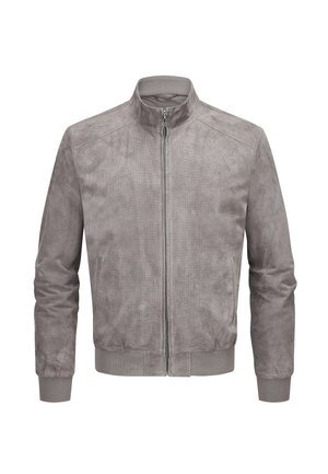 Hellegraue Wildleder-Bomberjacke für Herren mit Frontreißverschluss, hohem Kragen, gerippten Bündchen und Seitentaschen.