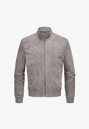 Men's light gray suede bomber jacket with front zipper, high collar, ribbed cuffs, and side pockets.