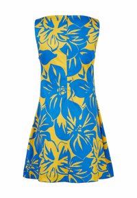Abito senza spalline in un vivace motivo floreale blu e giallo, con un corpetto aderente e gonna svasata, realizzato in tessuto morbido.