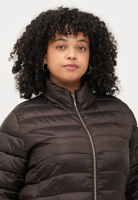 Brown puffer jacket featuring a high collar and horizontal stitching. The fabric has a smooth, shiny texture with a front zipper.