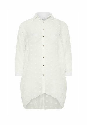 Weißes Hemd mit langen Ärmeln, strukturierten Pünktchen, gebogtem Saum und Knöpfen in Goldfarbe. Leichtes Material und Kragen.