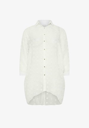 Weißes Hemd mit langen Ärmeln, strukturierten Pünktchen, gebogtem Saum und Knöpfen in Goldfarbe. Leichtes Material und Kragen.