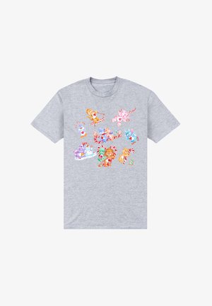 Szara koszulka z kolorowymi rysunkowymi zwierzętami cieszącymi się z cukierków, o zabawnym wzorze i różnych żywych kolorach.