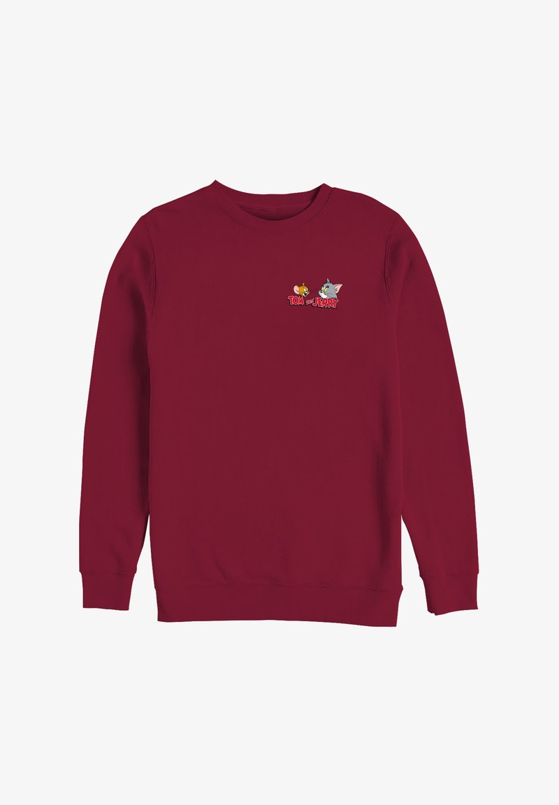 Bordeauxfarbener Pullover mit Rundhalsausschnitt und langen Ärmeln. Mit einem bestickten Motiv von Tom und Jerry im Brustbereich.