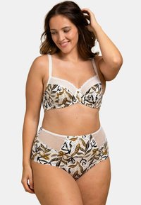 Soutien-gorge avec dentelle et culottes taille haute à motif floral dans des teintes dorées, noires et blanches ; dotés de bretelles douces et de fermetures ajustables.