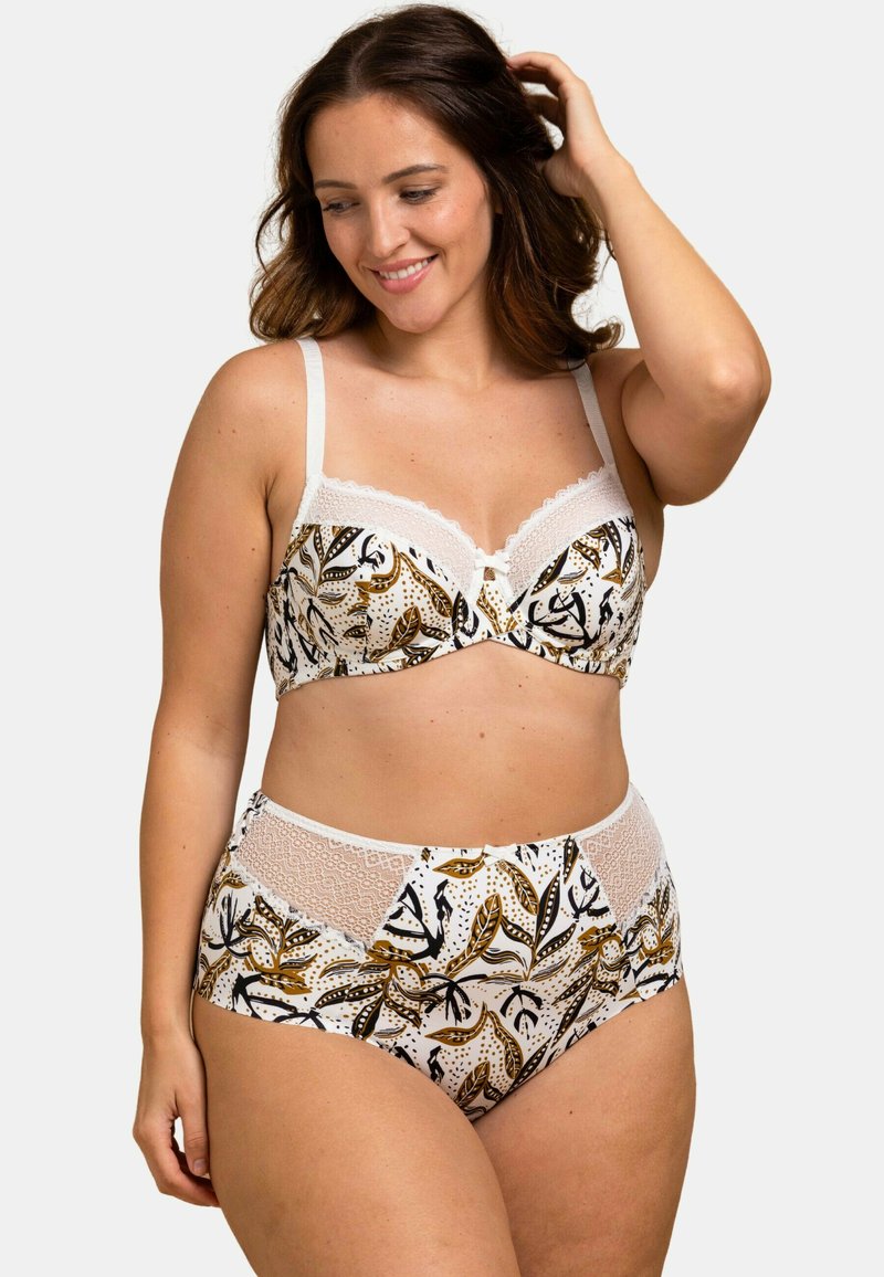 Soutien-gorge avec dentelle et culottes taille haute à motif floral dans des teintes dorées, noires et blanches ; dotés de bretelles douces et de fermetures ajustables.