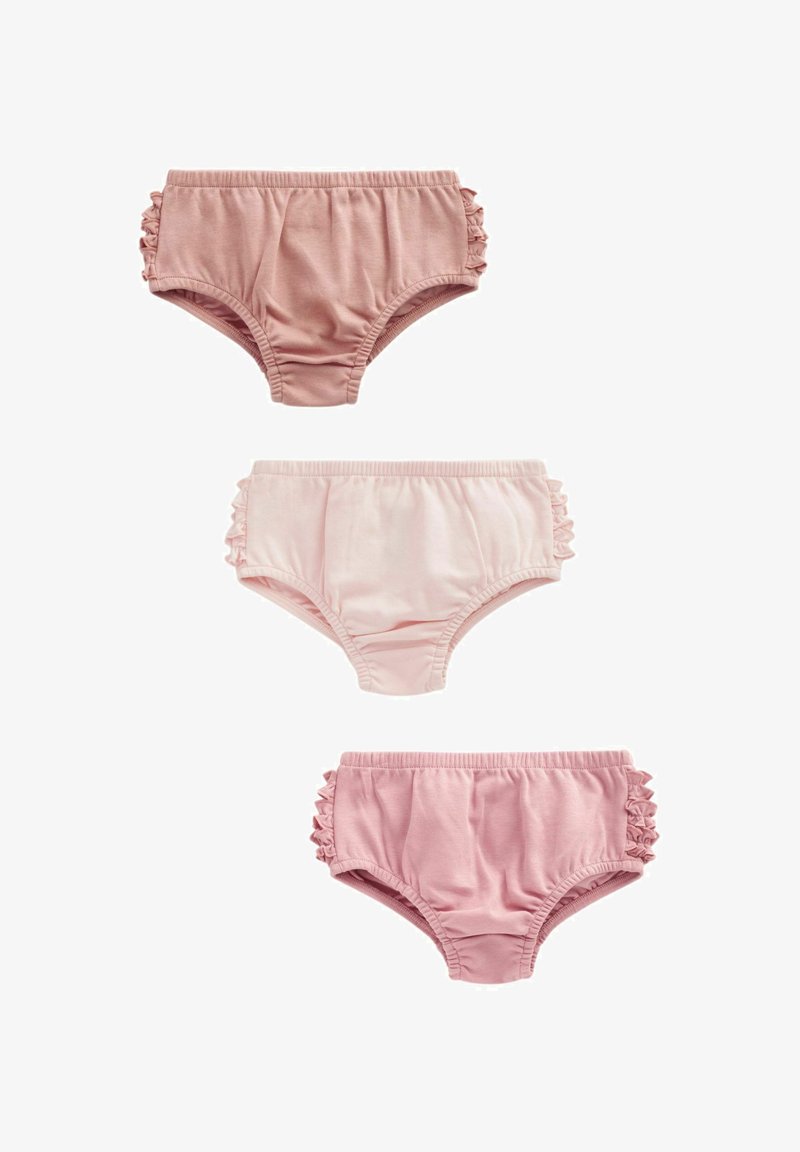 Tri parovi dječjih pamukastih gaćica u različitim nijansama ružičaste, s volanima na stranama i elastičnom trakom u struku.