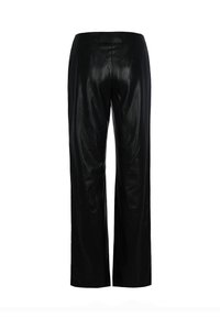Pantaloni a gamba larga in pelle nera con una superficie liscia, caratterizzati da una vita alta e senza cuciture visibili sul retro.