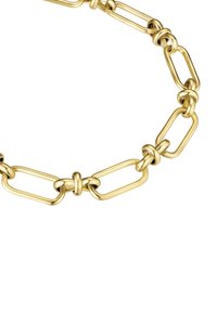 Zlato verižica z medsebojno povezanimi pravokotnimi povezavami in zaobljenimi poudarki, s gladko, polirano površino.