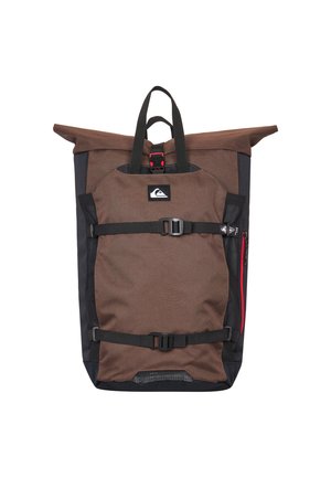 Brown roll-top backpack with black accents, adjustable straps, and a side zip pocket. Made of durable fabric with a textured finish.