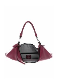 Sac à main en cuir bordeaux avec une finition texturée, doté d'une doublure en tissu rayé et d'une poche intérieure zippée, complété par une poignée tressée.