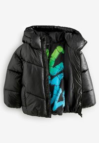 Doudoune noire avec capuche et texture brillante, présentant un design graphique multicolore en bleu et vert sur la doublure intérieure.