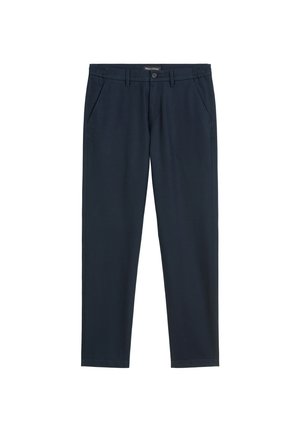 Navy pants made of smooth fabric with a straight cut. Features front pockets and a button closure at the waist. Elastic waistband for comfort.