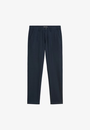 Navyblaues Hose aus glattem Stoff mit geradem Schnitt. Verfügt über Einschubtaschen und einen Knopfverschluss an der Taille. Elastischer Bund für zusätzlichen Komfort.