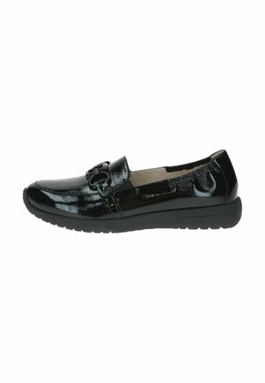 Black patent leather loafers with a glossy finish, featuring a small decorative hardware accent and a flexible rubber sole.