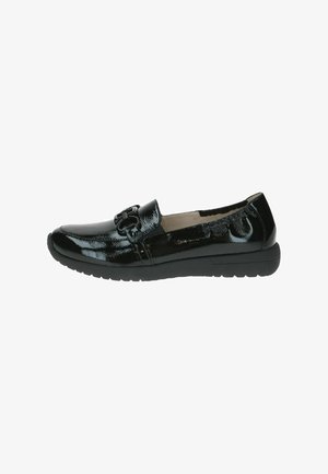 Zwarte lakleren instappers met een glanzende afwerking, voorzien van een kleine decoratieve hardware-accent en een flexibele rubberen zool.