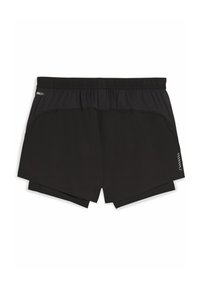 Black athletic shorts made of moisture-wicking material. Features a layered design with a wide elastic waistband and reflective accents.