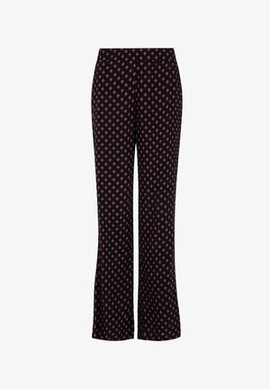 Černé rozšířené kalhoty s texturovanou tkaninou a růžovým geometrickým diamantovým vzorem. Elastický pas pro pohodlí a dobré padnutí.