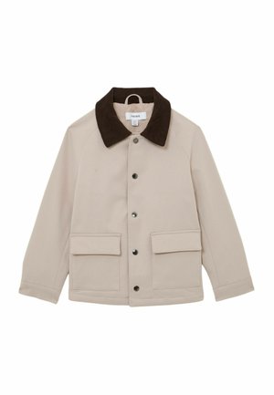 Beige jakke med brun kordfløjlsflip, front med trykknapper og to store klaplommer. Stoffet virker glat med et struktureret snit.