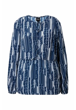 Marineblaue Langarmbluse mit weißen vertikalen Streifen und Anker-Mustern, vorn mit Knöpfen und einer Schleife am Ausschnitt.