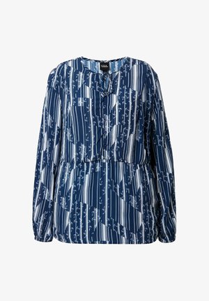 Blusa a maniche lunghe blu navy con righe verticali bianche e motivi ad ancora, davanti con bottoni e fiocco al collo.