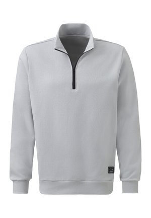 Light grey pullover sweatshirt featuring a half-zip collar, ribbed cuffs, and a hem, made of a soft, textured fabric. Black accent details included.