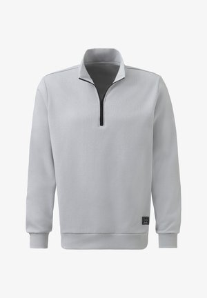 Light grey pullover sweatshirt featuring a half-zip collar, ribbed cuffs, and a hem, made of a soft, textured fabric. Black accent details included.