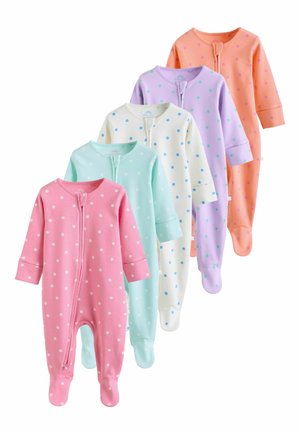 Päť pastelovo farebných detských overalov s nožičkami a bodkami, každý s predným zipsom, usporiadaných do striedavého vzoru.