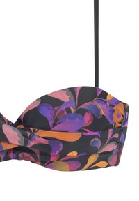 Kvetinový vzorovaný bikiny top v čiernej farbe, s fialovými, oranžovými a ružovými odtieňmi. Hladká látka so špirálovým detailom a tenkými, nastaviteľnými ramienkami.