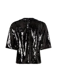Zwart paillettentop met korte mouwen, voorzien van een ronde halslijn en een rits aan de achterkant. De stof heeft een glanzend, textuur oppervlak.