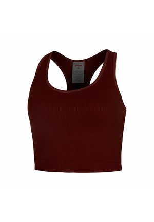 Dunkelroter, gerippter Sport-BH mit Racerback-Design und Wilson-Label innen am Kragen.