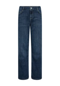 Tummansiniset farkut, joissa on suora lahje, viisi taskua ja nappikiinnitys. Ominaisuuksiin kuuluu hienovarainen haalistuminen ja ompeluyksityiskohdat.