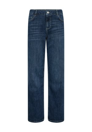 Sötétkék farmernadrág egyenes szárú dizájnnal, öt zsebes stílusban és gombos zárással. Apró elhalványulásokkal és varrási részletekkel rendelkezik.