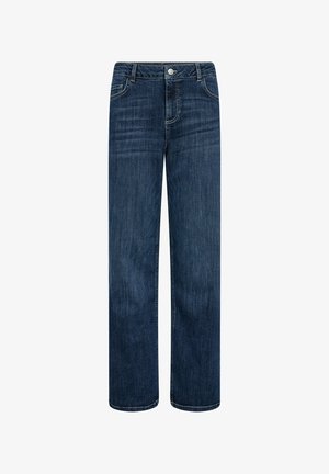 Dark blue denim jeans with a straight leg design, five-pocket style, and a button closure. Features subtle fading and stitching details.