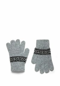 Pilki megzti pirštinės su juodai baltu raštuoto krašto apvadu. Turi penkis pirštus ir švelnų paviršių, puikiai tinka šilumos ir komforto užtikrinimui.