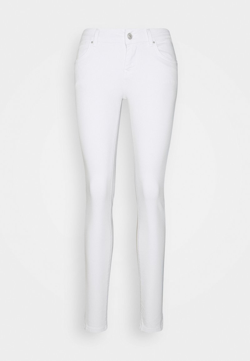 White slim-fit jeans with a smooth texture, five-pocket design, single button closure, and belt loops. Tailored for a fitted silhouette.