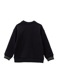 Felpa nera con maniche lunghe, collo a coste e polsini a righe. Tessuto morbido con vestibilità comoda, cuciture visibili sulle cuciture.