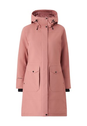 Roze waterdichte parka met capuchon, voorzien van twee voorzakken en verstelbare trekkoorden. Glad textuur en knielange ontwerp.