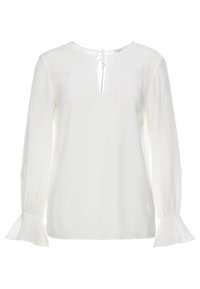 Vit långärmad blus med en nyckelhålsutskärning, knyt-detalj och utsvängda ärmslut. Slät tyg med en lätt och luftig känsla.