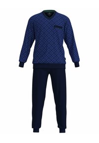 Navyblaue Schlafanzugset mit einem gemusterten Langarmoberteil mit V-Ausschnitt und Tasche, kombiniert mit passenden einfarbigen Hosen. Weicher Stoff.