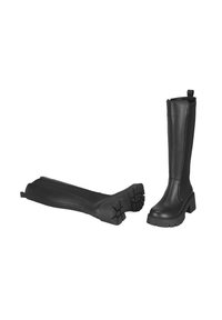 Schwarze knöchelhohe Stiefel aus glattem Leder mit einer groben Gummisohle, ausgestattet mit einer Ziehlasche und einem seitlichen Reißverschluss für ein einfaches An- und Ausziehen.